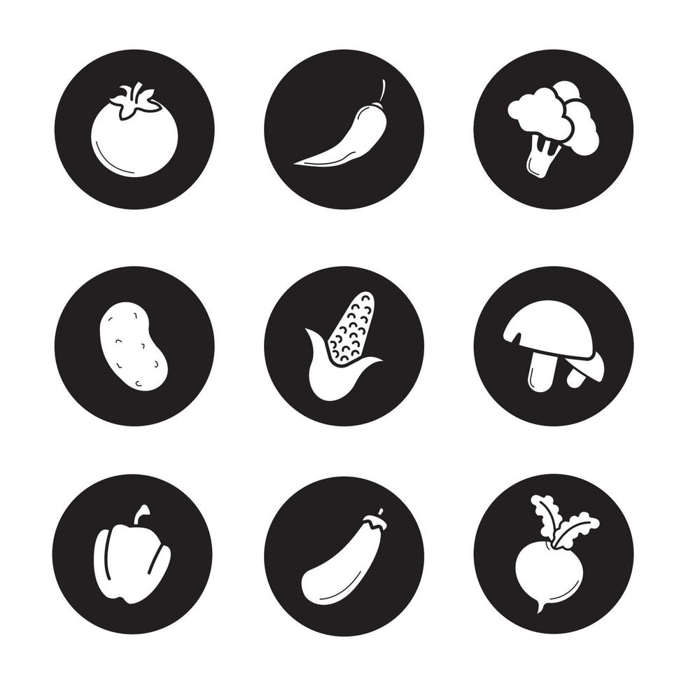 conjunto de iconos de verduras. tomate, ají picante, brócoli, papa, maíz, champiñones, remolacha, pimentón, berenjena, maíz, nabo. ilustraciones de siluetas blancas vectoriales en círculos negros vector