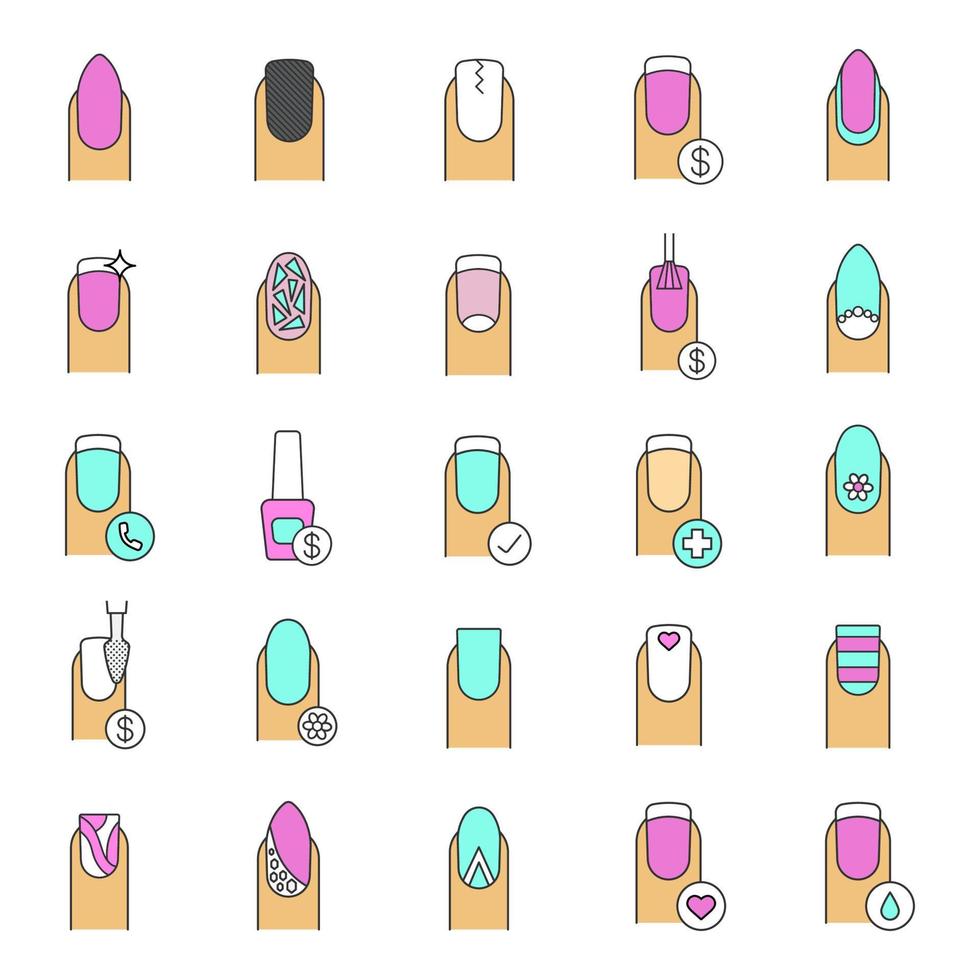 Manicure color icons set. Nail salon service. Variety of manicure types. Isolated vector illustrations