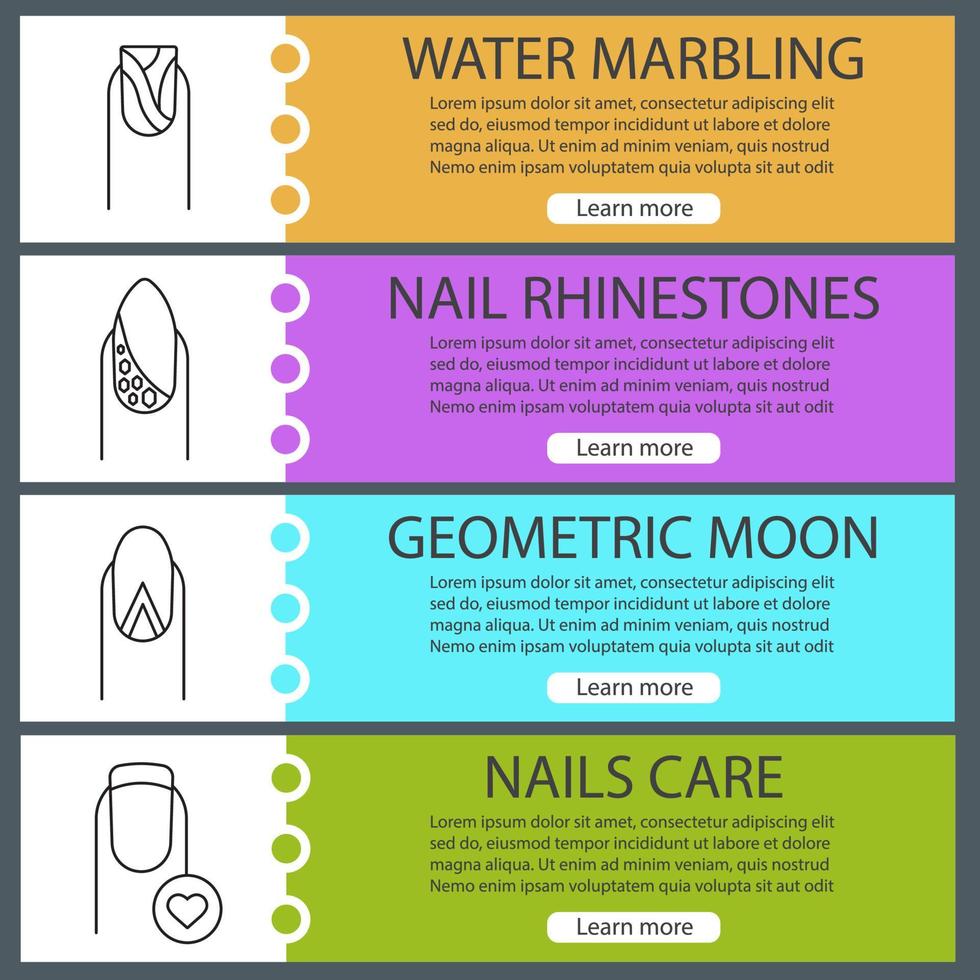 Conjunto de plantillas de banner web de manicura. luna geométrica, marmoleado de agua, pedrería, cuidado de uñas. elementos del menú de color del sitio web con iconos lineales. conceptos de diseño de encabezados vectoriales vector