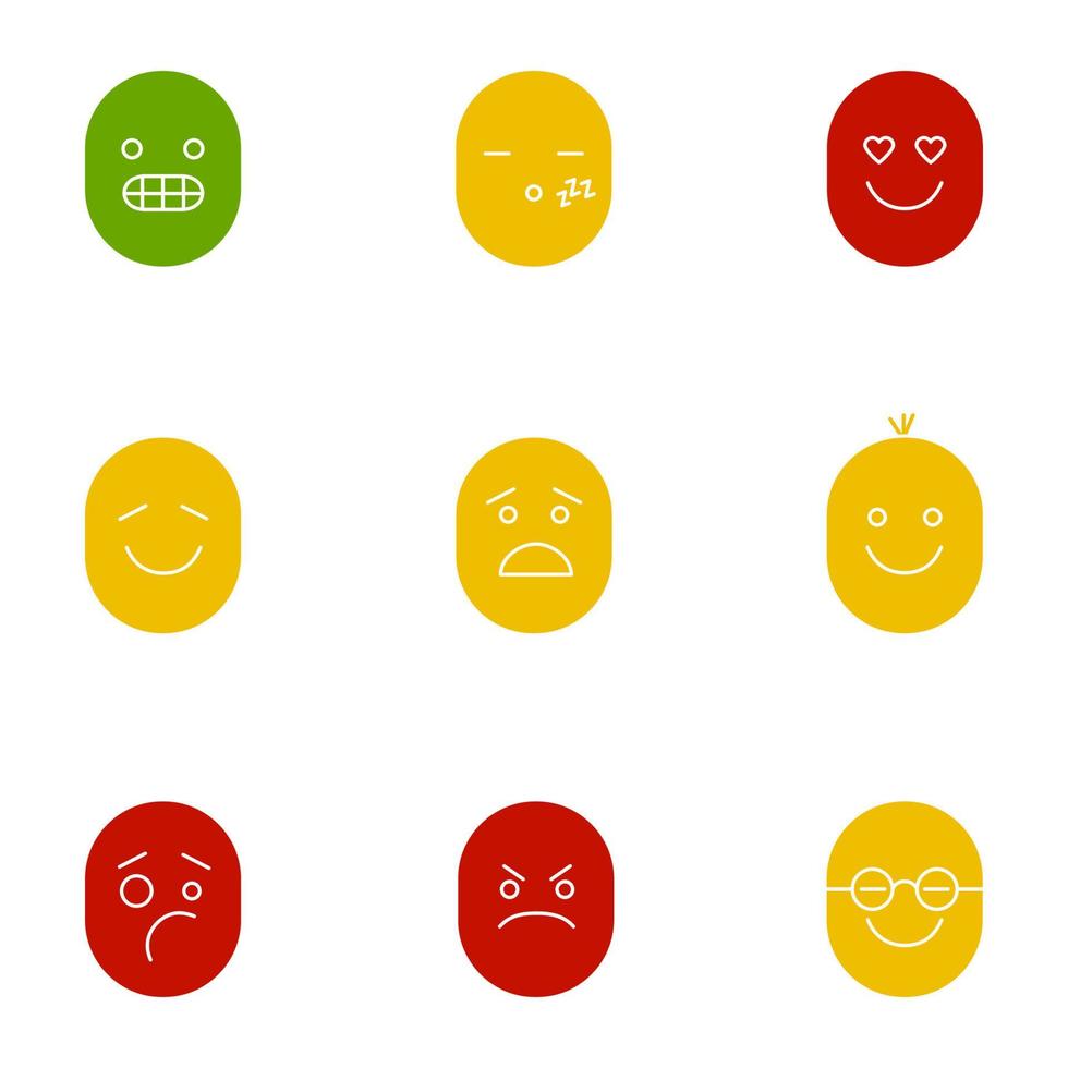 conjunto de iconos de color de glifo de sonrisas. símbolos de silueta sobre fondos blancos. emoticones divertidos, sonrientes, con muecas, somnolientos, besos, asustados, mareados, molestos, neutrales, tristes. espacio negativo. ilustraciones vectoriales vector