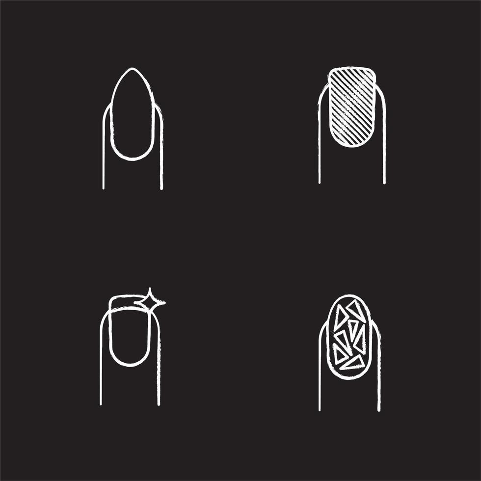 Manicure chalk icons set. Almond shaped, matte nail polish, broken glass manicure, fingernails burnishing. Isolated vector chalkboard illustrations