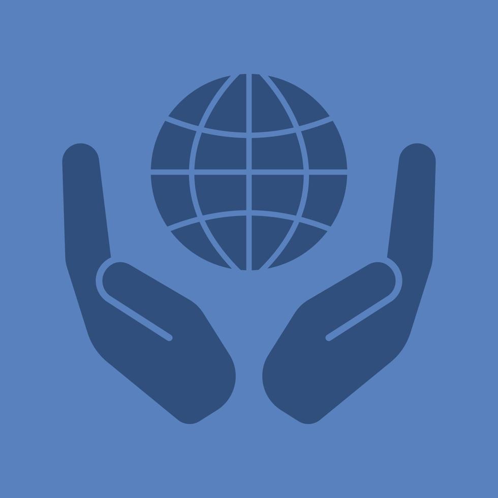 Open palms with globe glyph color icon. Silhouette symbol. Global probems solving. Negative space. Vector isolated illustration