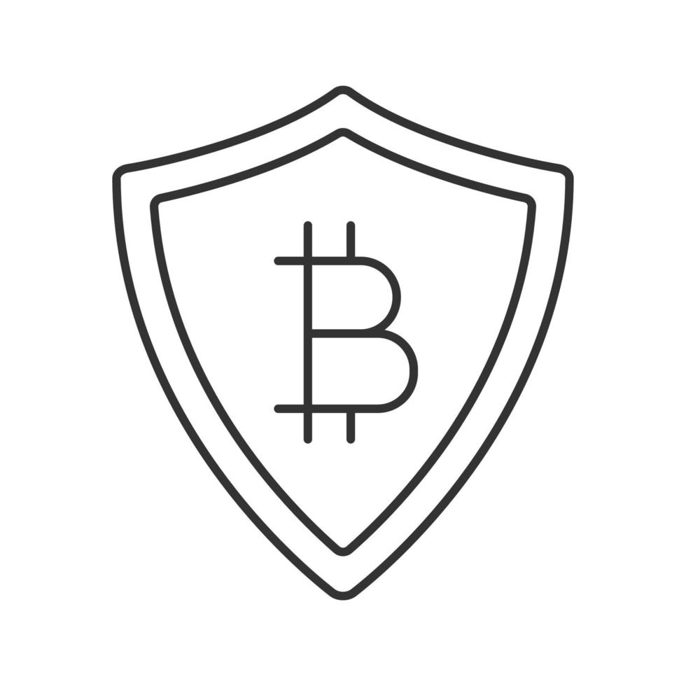 Safe bitcoin payments linear icon. Thin line illustration. Protection shield with bitcoin sign. Contour symbol. Vector isolated outline drawing
