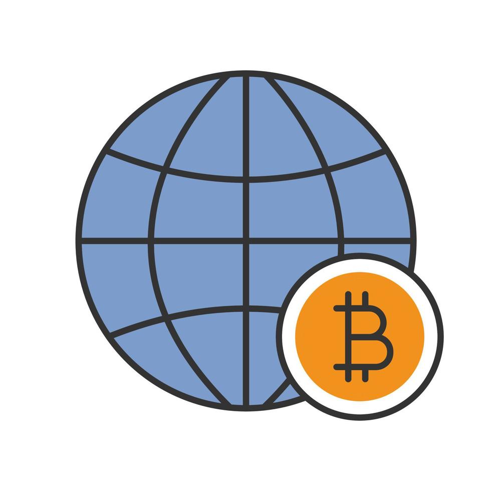 Global bitcoin color icon. Cryptocurrency. Globe with bitcoin sign. Isolated vector illustration