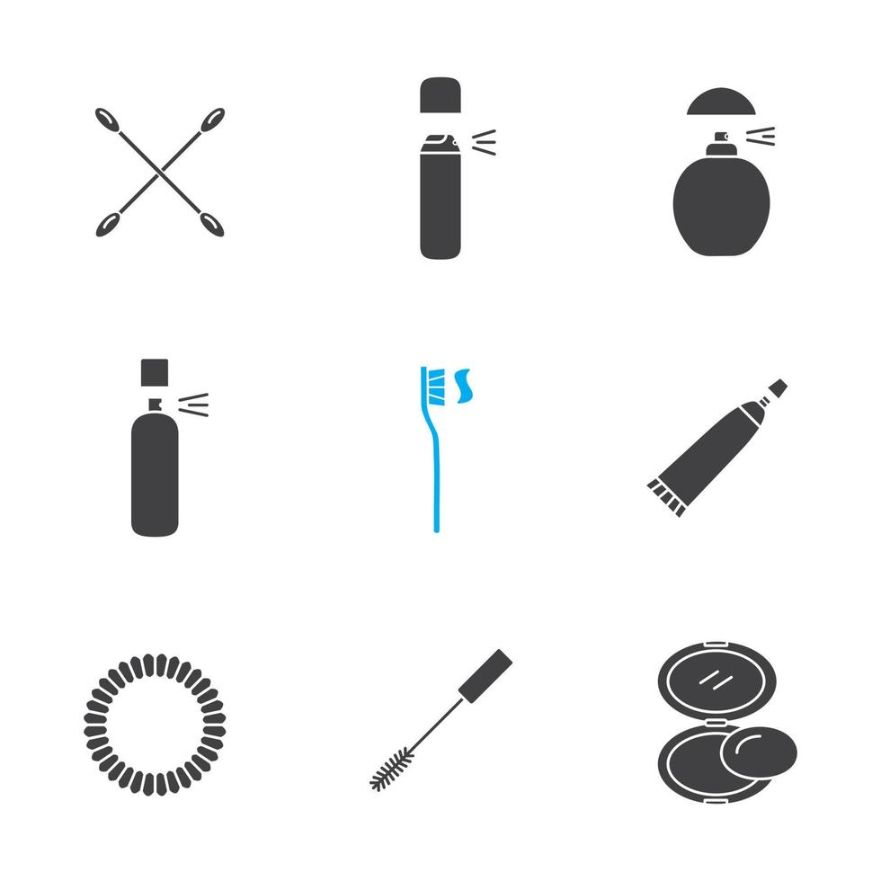 Cosmetics accessories glyph icons set. Silhouette symbols. Earsticks, deodorant bottles, perfume, toothbrush, toothpaste, hair scrunchy, mascara, rouge. Vector isolated illustration