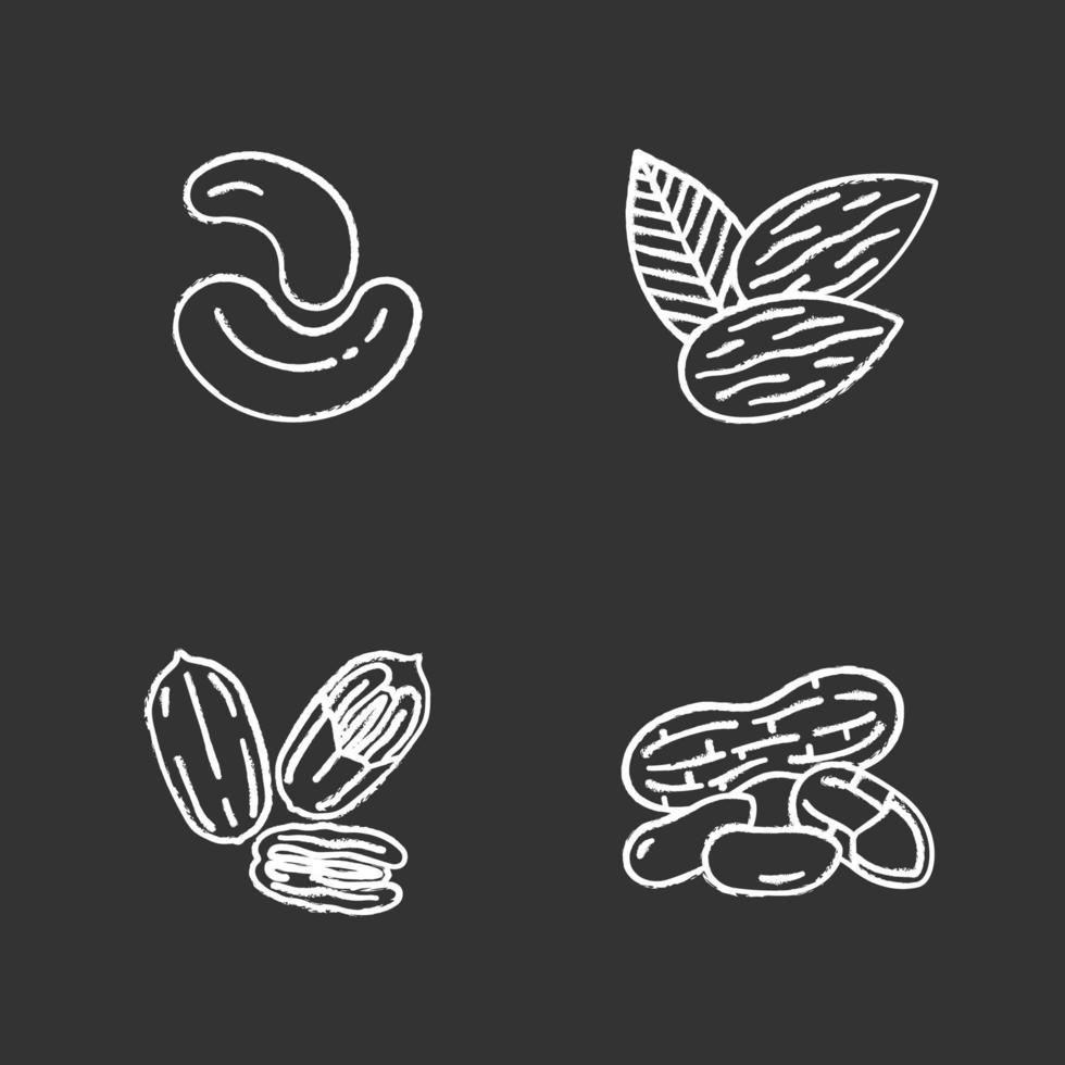 Nuts chalk icons set. Almond, peanut, cashew and pecan nuts. Isolated vector chalkboard illustrations