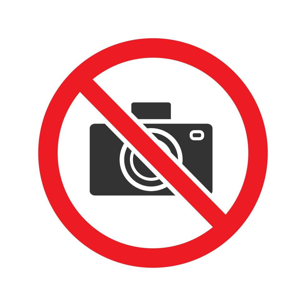 Forbidden sign with camera glyph icon. Stop silhouette symbol. Photographing prohibition. Negative space. Vector isolated illustration