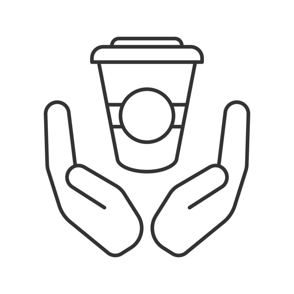 Open palms with paper cup linear icon. Free coffee. Thin line illustration. Tea to go. Contour symbol. Vector isolated outline drawing