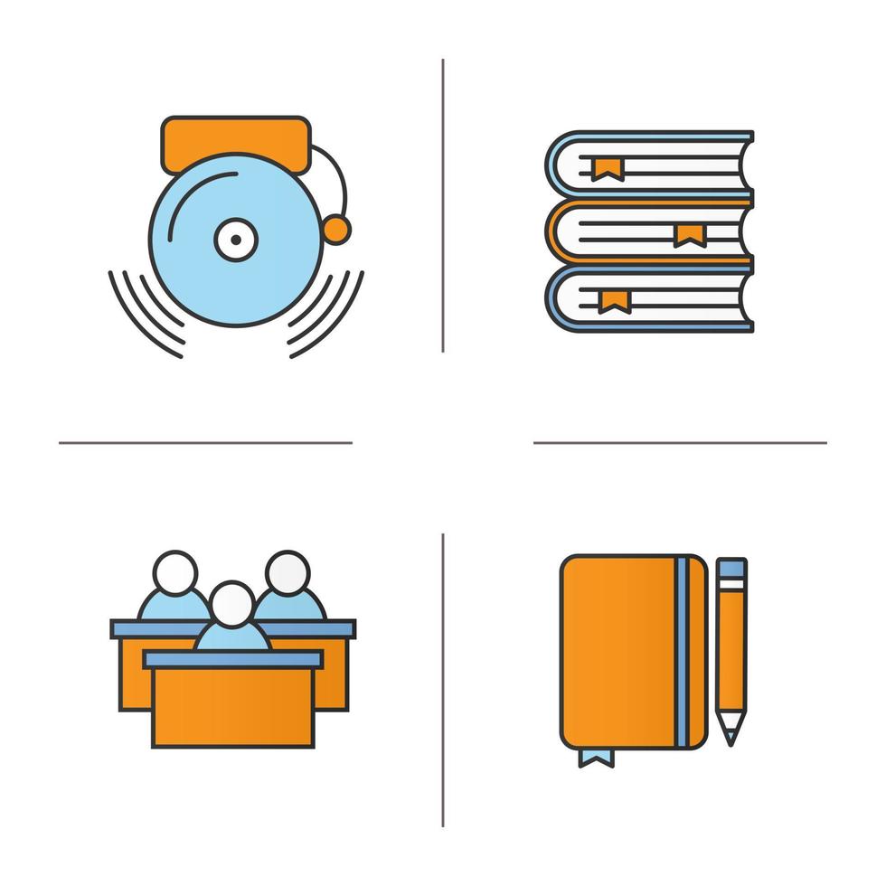 School color icons set. Students, class journal with pencil, ringing school bell, books stack. Isolated vector illustrations