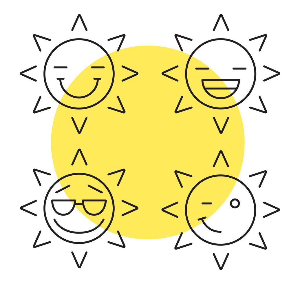 Sun smiles linear icons set. Emoticons. Laughing, happy, cool and winking sun smiles. Thin line contour symbols. Isolated vector outline illustrations