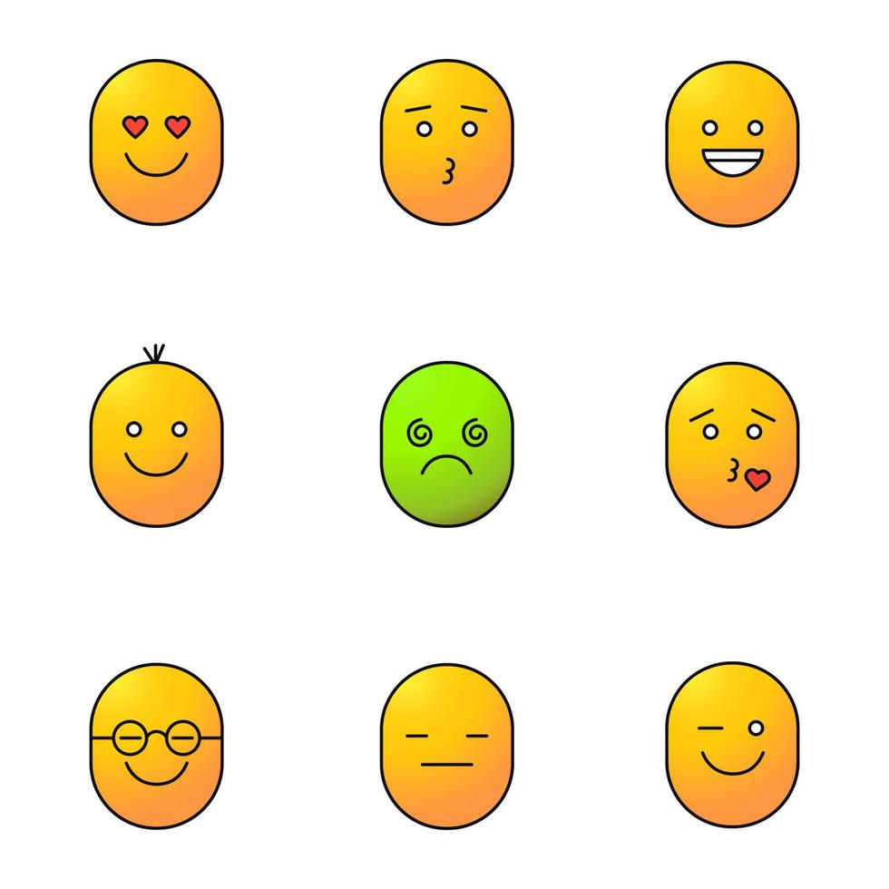 Smiles color icons set. Emoticons. Good and bad mood. In love, kissing, laughing, dizzy, clever, serious, winking faces. Isolated vector illustrations