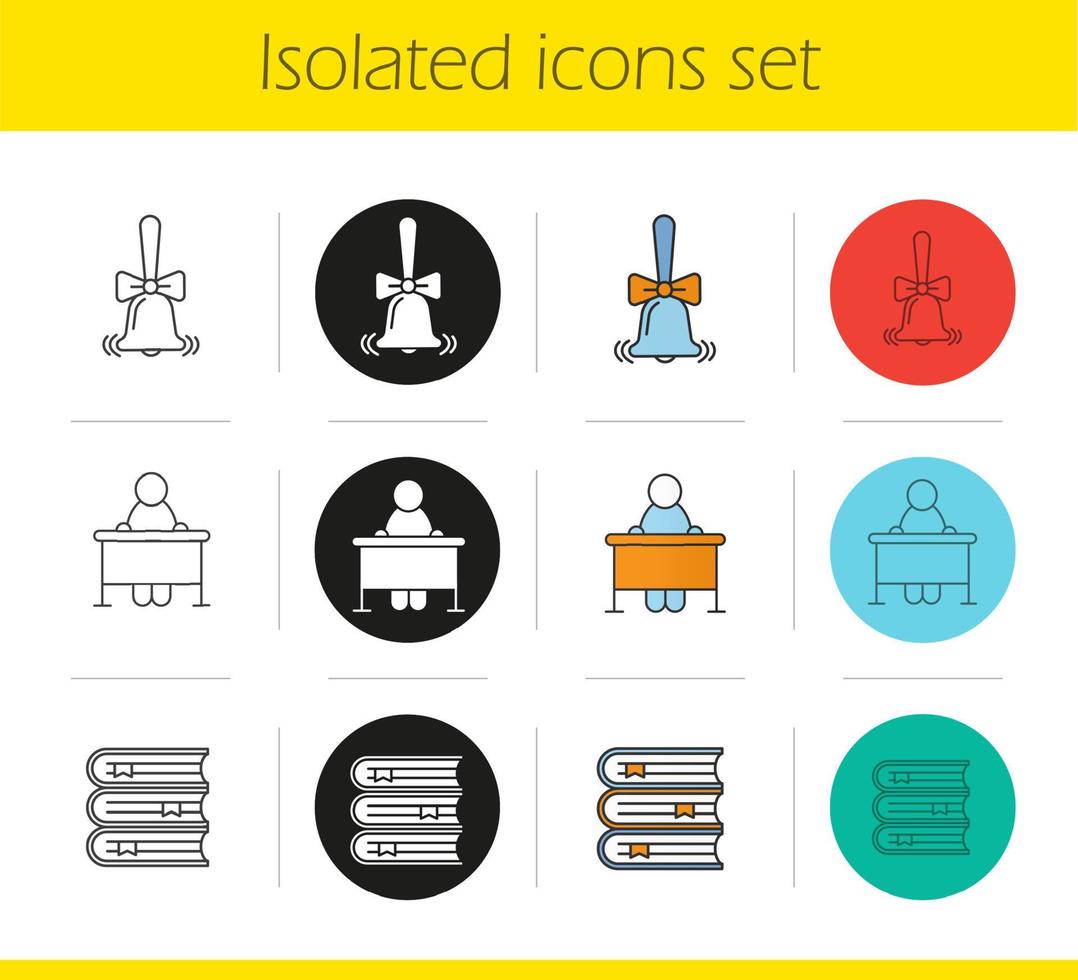 School and education icons set. Linear, black and color styles. Pupil sitting at desk, books stack, school bell. Isolated vector illustrations