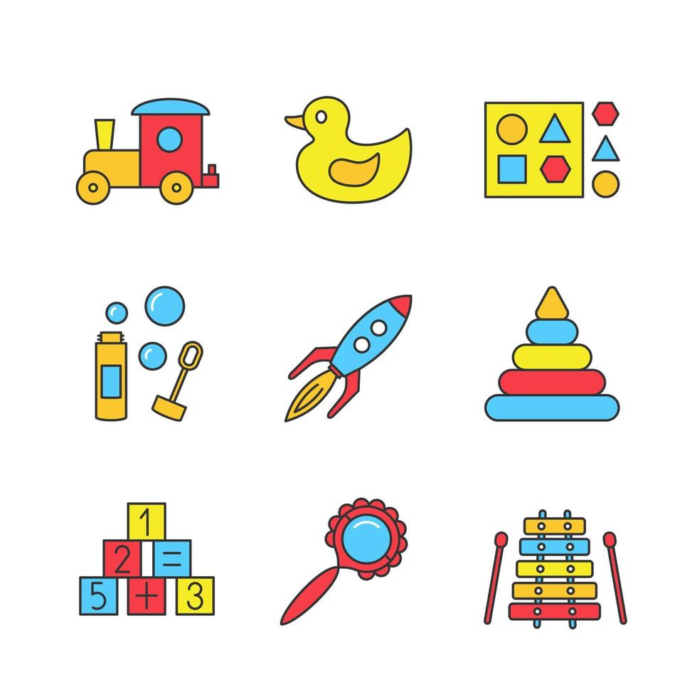 Kids toys color icons set. Train, rubber duck, shape sorter toy, bubble blower, rocket, pyramid, math blocks, rattle, xylophone. Isolated vector illustrations
