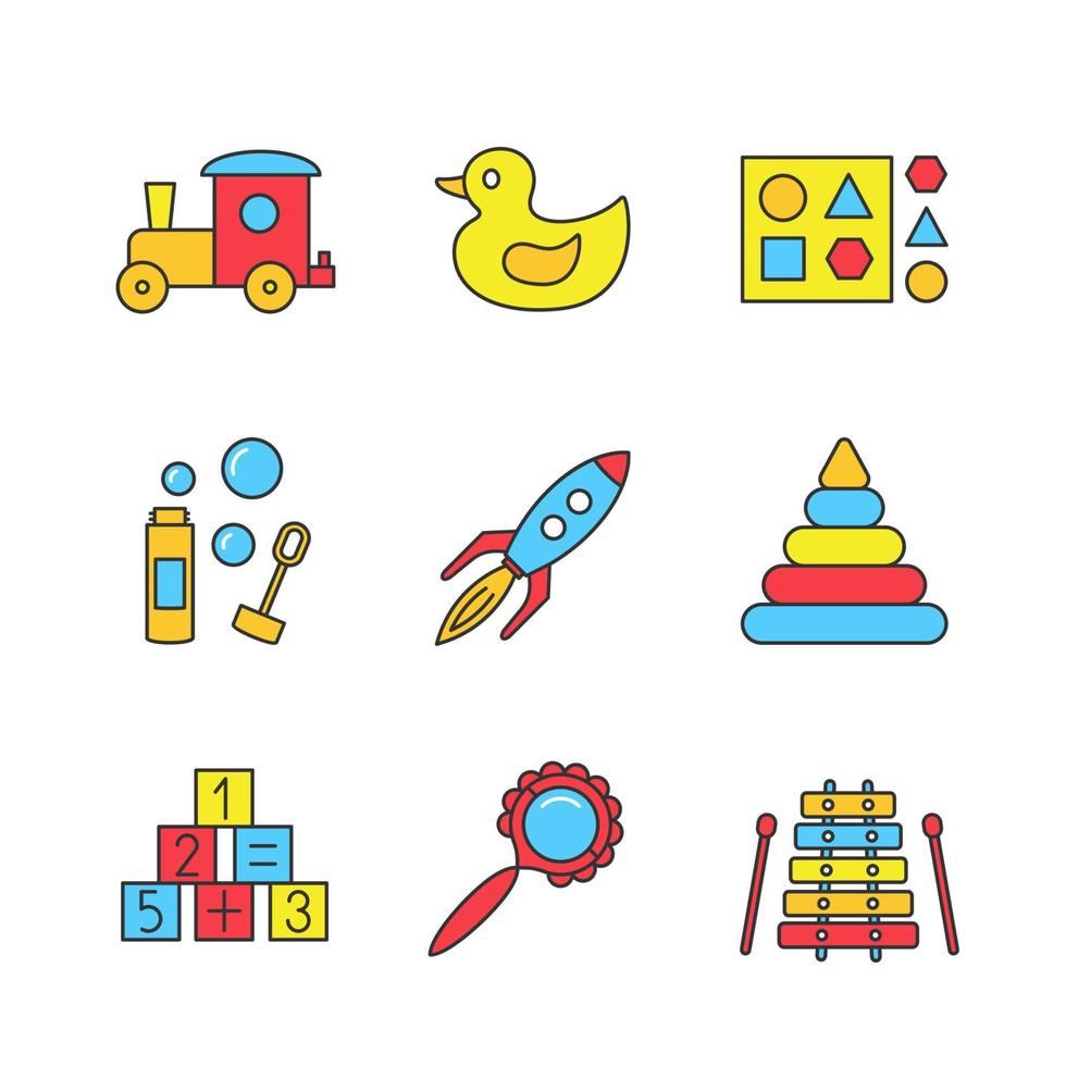 Conjunto de iconos de colores de juguetes para niños. tren, pato de goma, juguete clasificador de formas, soplador de burbujas, cohete, pirámide, bloques matemáticos, sonajero, xilófono. ilustraciones vectoriales aisladas vector