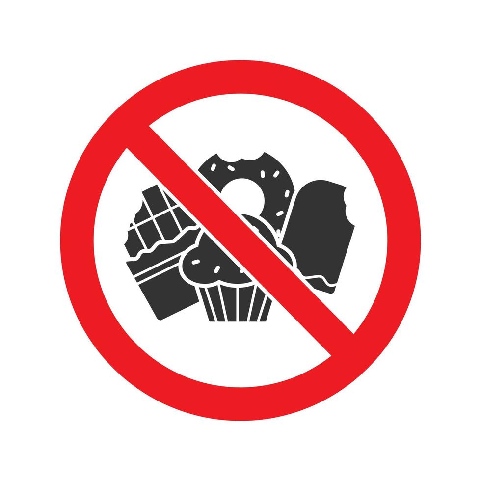 Forbidden sign with confectionery glyph icon. Stop silhouette symbol. No sweets prohibition. Negative space. Vector isolated illustration