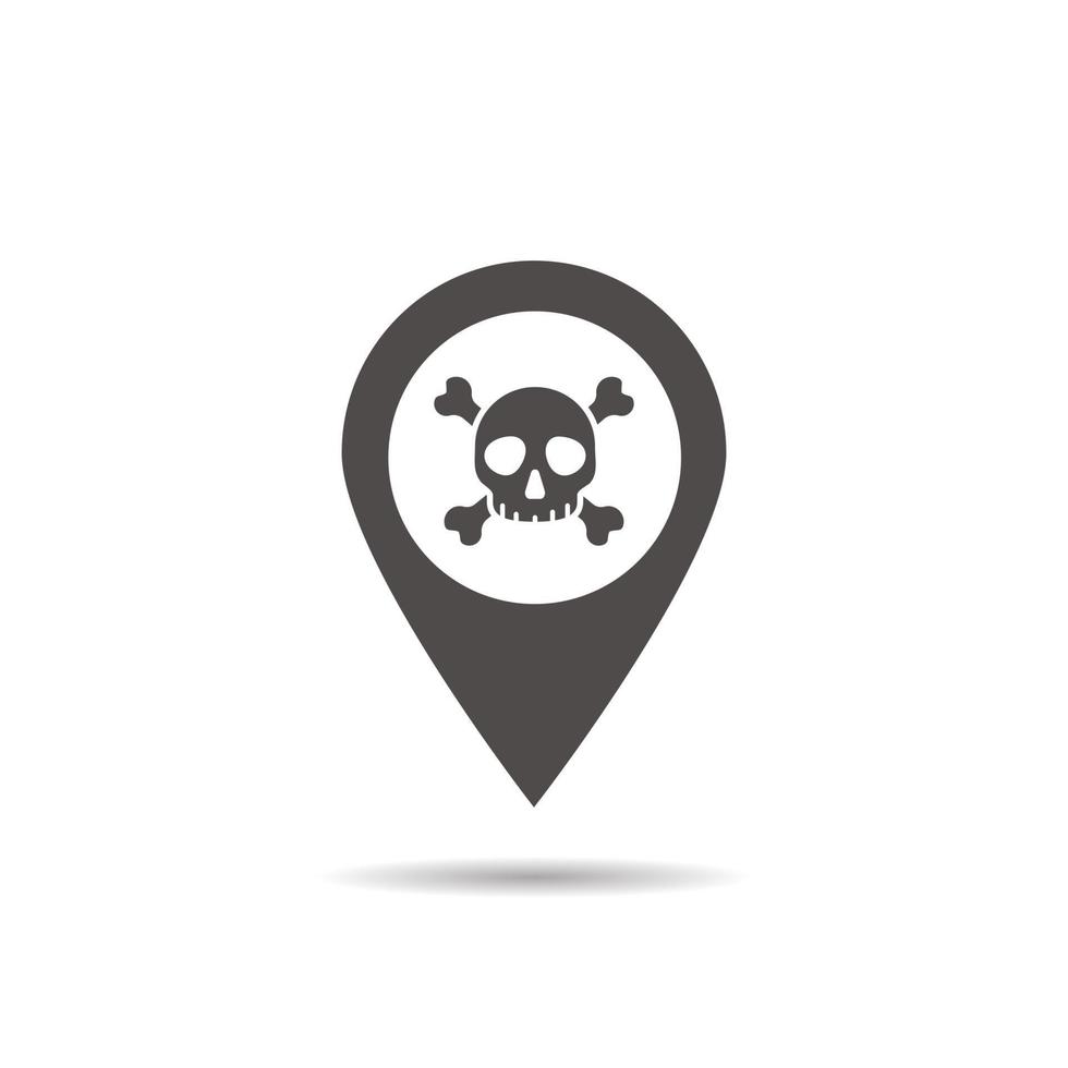 Danger location icon. Drop shadow map pointer silhouette symbol. Crossbones pinpoint. Poison gas nearby. Vector isolated illustration