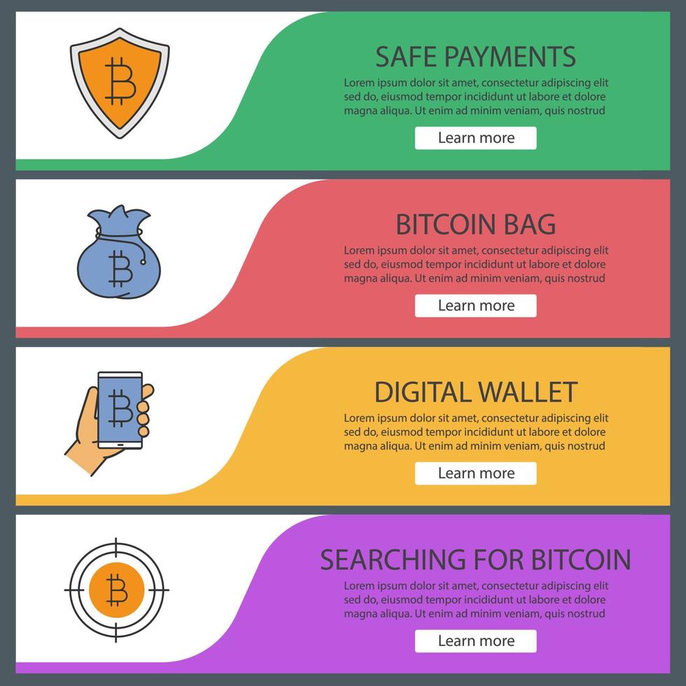 Bitcoin web banner templates set. Searching for bitcoin, money bag, digital wallet, safe payments. Website color menu items. Vector headers design concepts