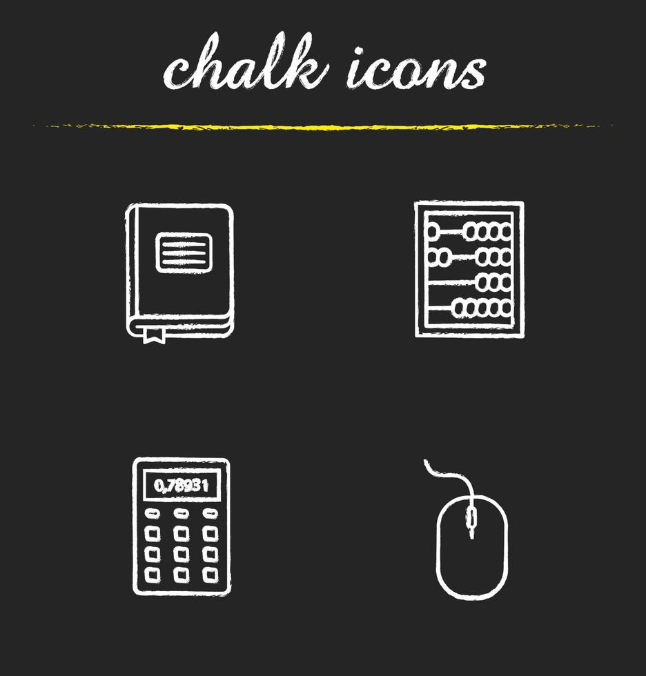 Accounting chalk icons set. Bookkeeper's journal, abacus, calculator, computer mouse. Isolated vector chalkboard illustrations
