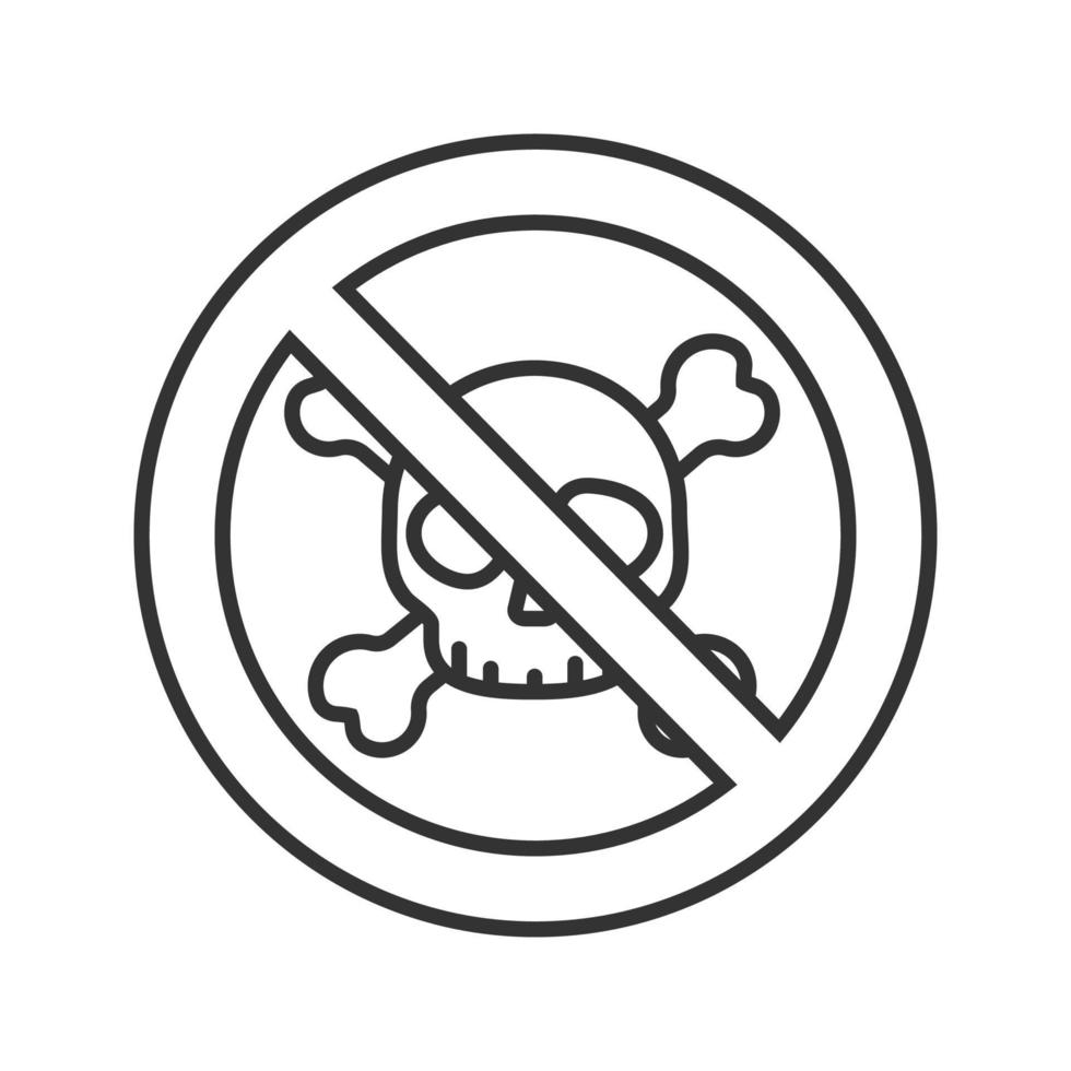 Forbidden sign with skull and crossbones linear icon. No chemical weapon prohibition. Danger thin line illustration. Stop contour symbol. Vector isolated outline drawing