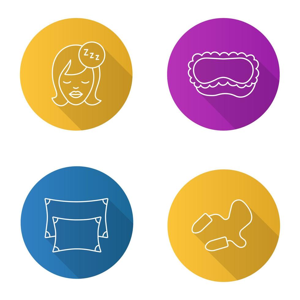 accesorios para dormir conjunto de iconos de sombra plana lineal larga. almohadas, tapones para los oídos, mujer dormida, mascarilla. ilustración de contorno vectorial vector