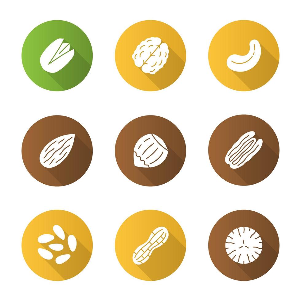 conjunto de iconos de glifo de sombra de diseño plano de nueces. pistacho, nuez, anacardo y nueces pecanas, almendra, avellana, piñones, maní, nuez moscada. ilustración de silueta de vector