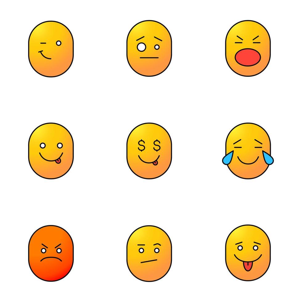 Smileys color icons set. Good and bad mood. Winking, confused, shocked, yummy, greedy, laughing, angry, bored emoticons. Isolated vector illustrations