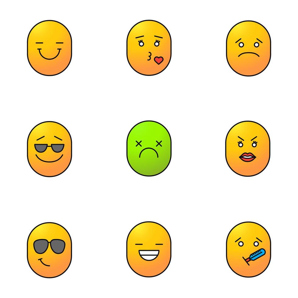 sonrisas conjunto de iconos de colores. buen y mal humor. sonriendo, besando, triste, fresco, muerto, enojado, riendo, emoticonos enfermos. ilustraciones vectoriales aisladas vector