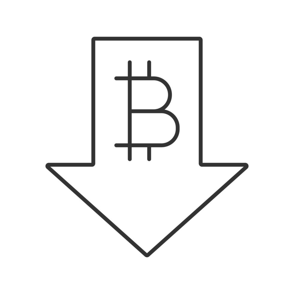 Bitcoin rate falling linear icon. Thin line illustration. Cryptocurrency with down arrow. Contour symbol. Bitcoin collapse. Vector isolated outline drawing