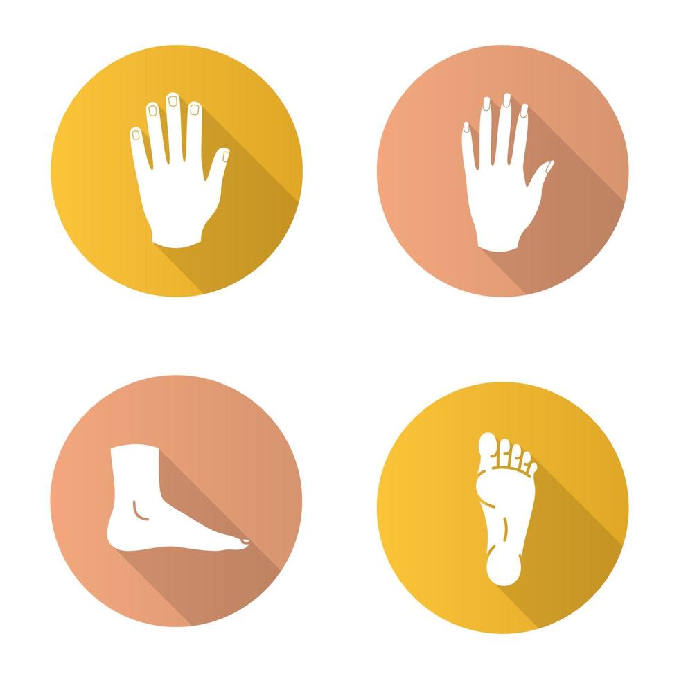 Body parts flat design long shadow glyph icons set. Male and female hands, feet. Vector silhouette illustration