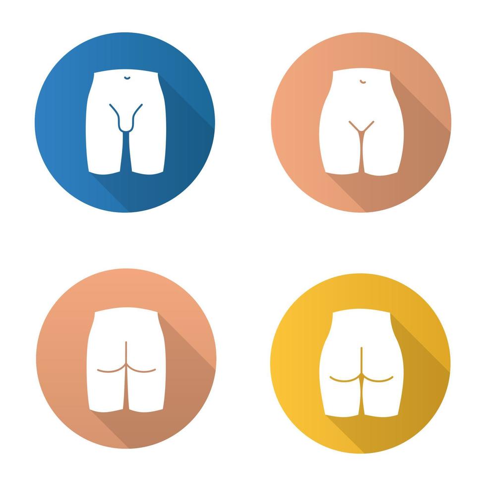 Conjunto de iconos de glifo de larga sombra de diseño plano de partes del cuerpo. zona del bikini, ingle masculina, glúteos de hombre y mujer. ilustración de silueta de vector