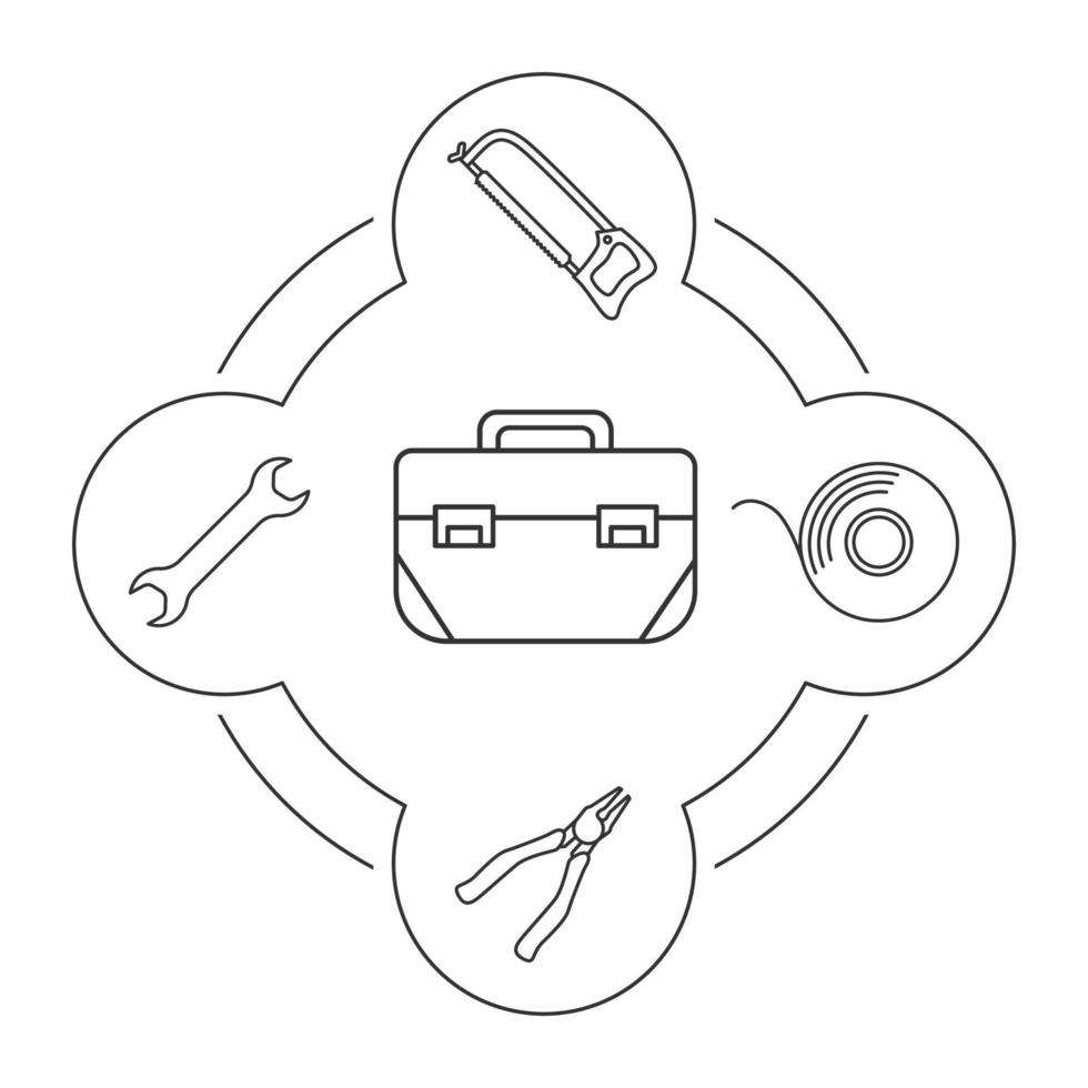 conjunto de iconos lineales de contenido de caja de herramientas. herramientas de construcción. sierra para metales, llave inglesa, cinta aislante, alicates. ilustraciones vectoriales aisladas vector