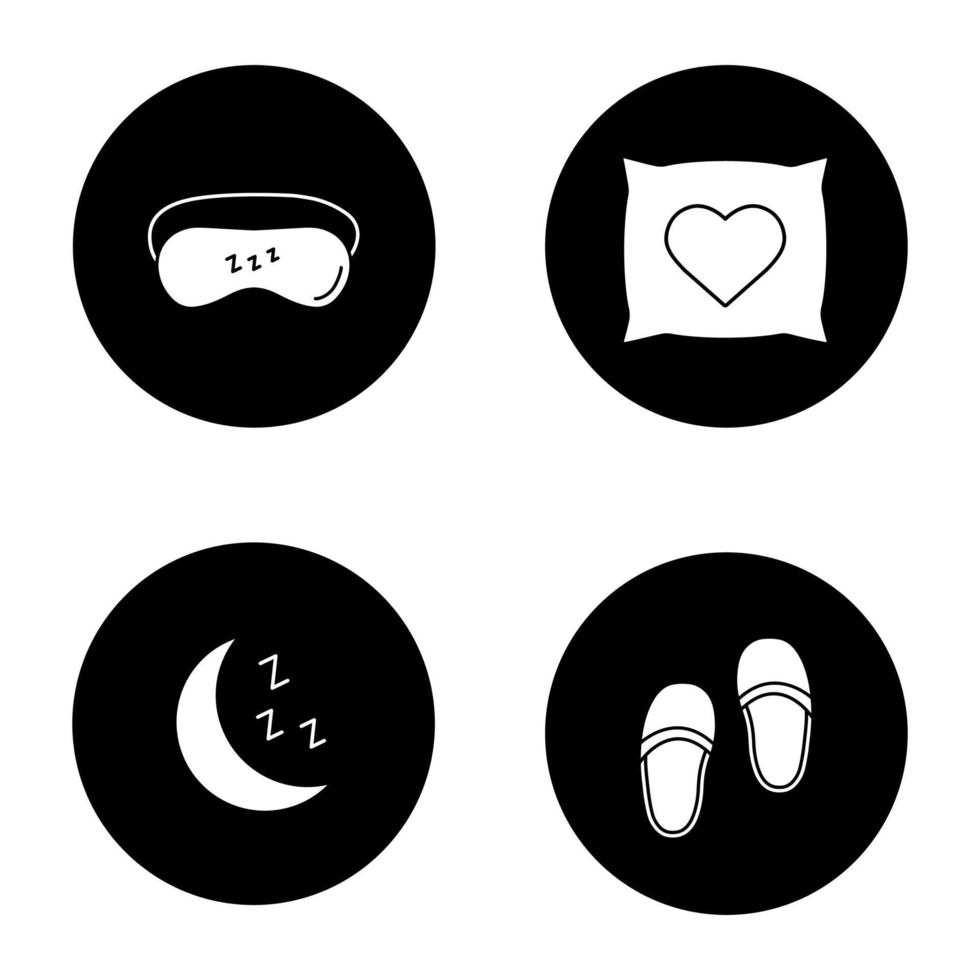 Sleeping accessories glyph icons set. Sleeping mask, bedroom slippers, moon, pillow with heart shape. Vector white silhouettes illustrations in black circles