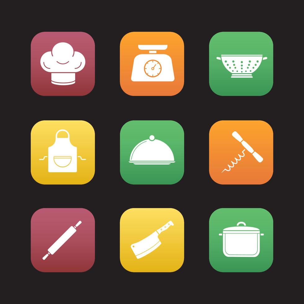 Kitchenware flat design icons set. Chef's hat, kitchen food scales, colander, apron, covered dish, stew pot, rolling pin, cleaver, corkscrew. Web application interface. Vector illustrations