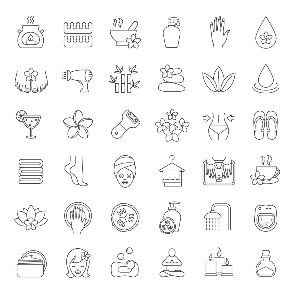 Spa salon linear icons set. Aroma therapy, stones massage, face cream jar, towels, flowers, foot file, cucumber mask, shower, candles, oil. Thin line contour symbols. Isolated vector illustrations