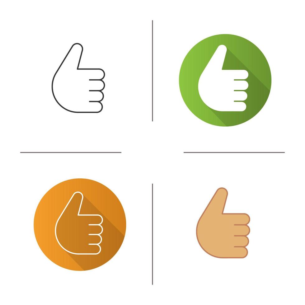 Thumbs up hand gesture icon. Flat design, linear and color styles. Approval and like sign. Isolated vector illustrations