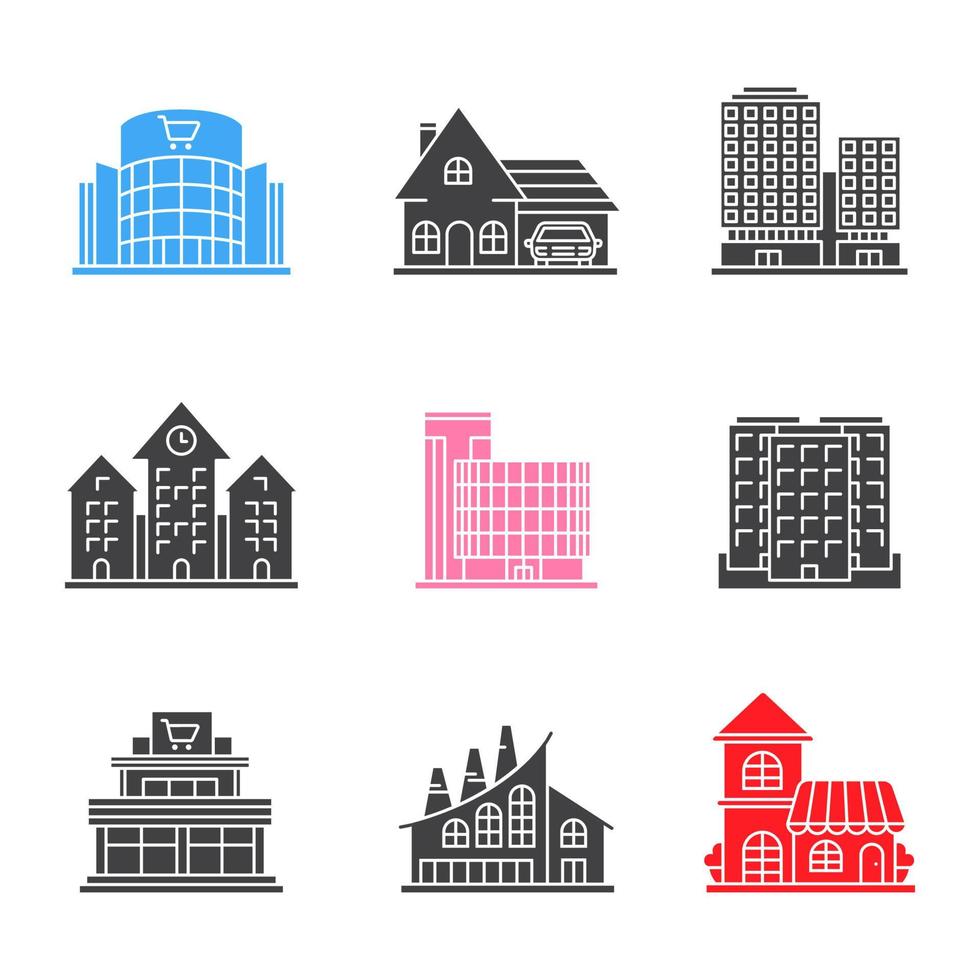 City buildings glyph icons set. Shopping malls, business centers, cottage, town hall, industrial factory, restaurant, multi-storey building. Silhouette symbols. Vector isolated illustration