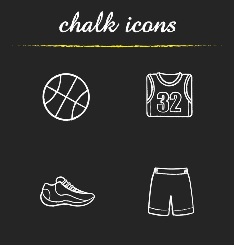 Basketball chalk icons set. Ball, shoe, t-shirt, shorts. Basketball player's uniform. Isolated vector chalkboard illustrations