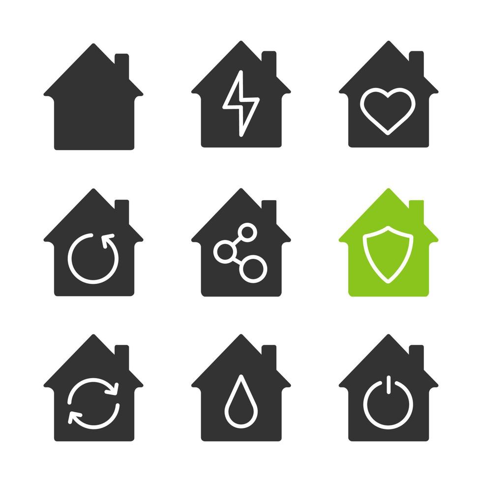 Houses glyph icons set. Silhouette symbols. Home buildings with lightning, heart, network connection, shield, liquid drop inside. Smart houses. Vector isolated illustration