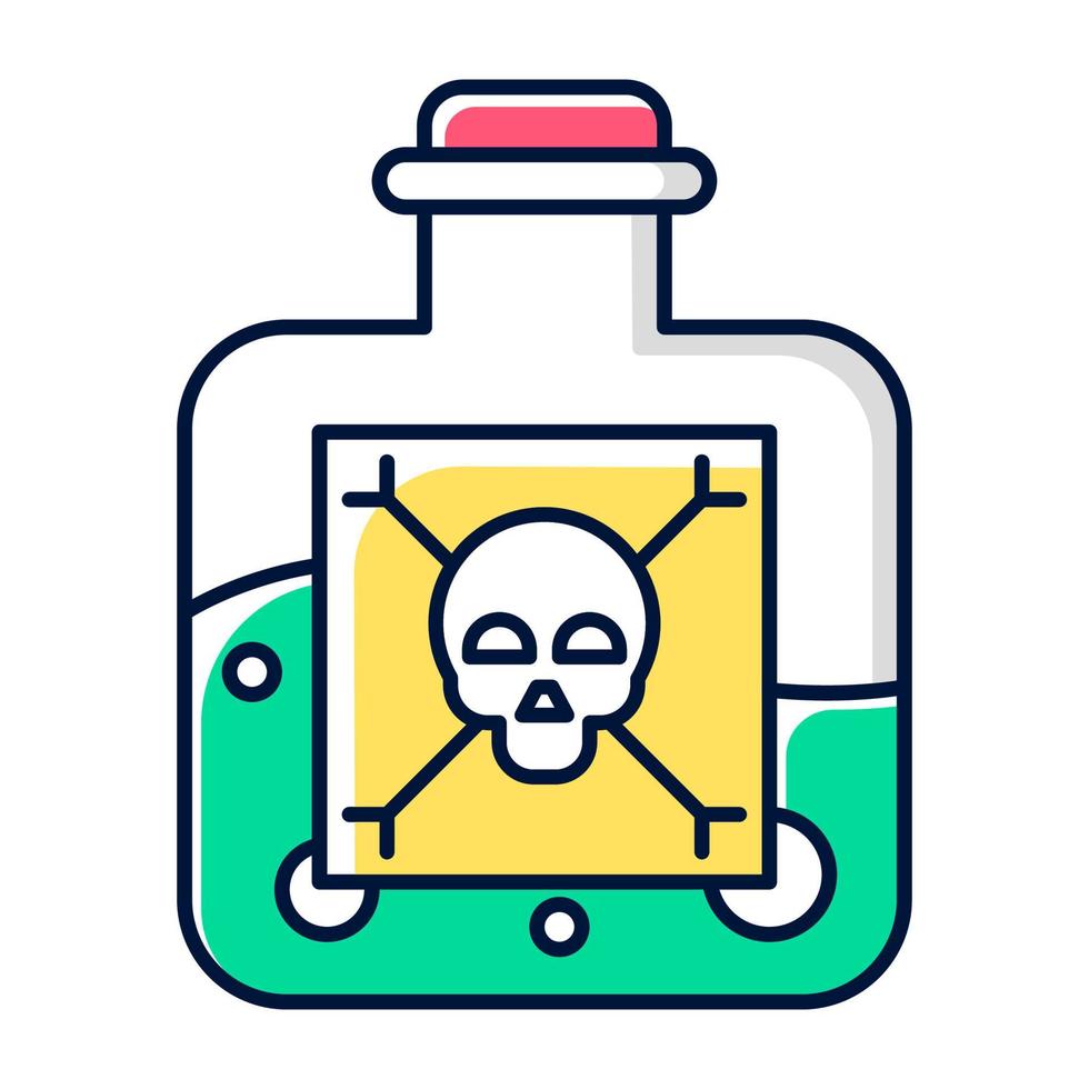 Dangerous liquid color icon. Highly hazardous chemicals. Green poison in bottle. Organic chemistry. Poisonous and harmful substance. Skull bones label. Isolated vector illustration