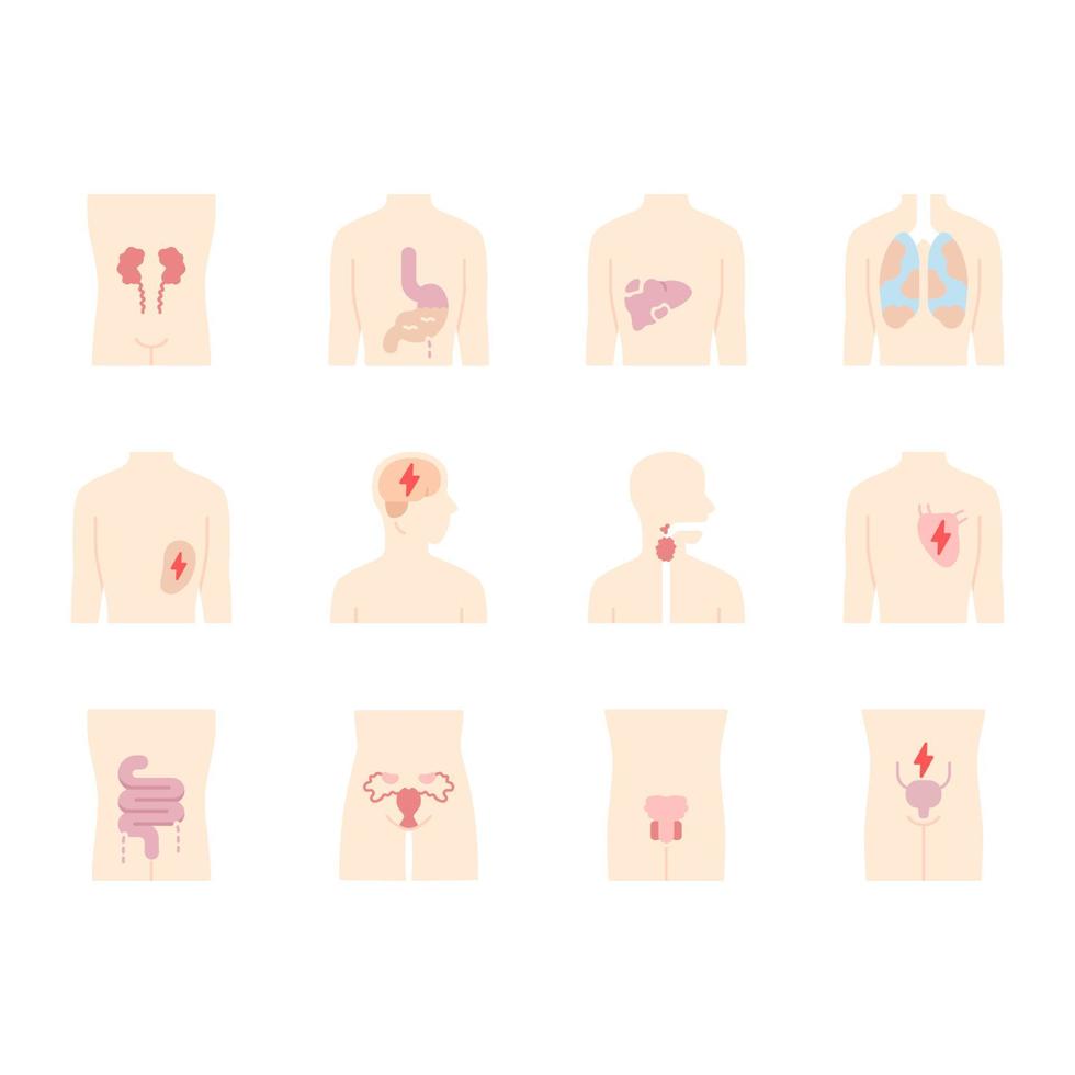 Conjunto de iconos de colores de larga sombra de diseño plano de órganos humanos enfermos. dolor de corazón y pulmones. dolor de vejiga urinaria. hígado e intestinos insalubres. partes internas del cuerpo enfermas. ilustraciones de silueta de vector