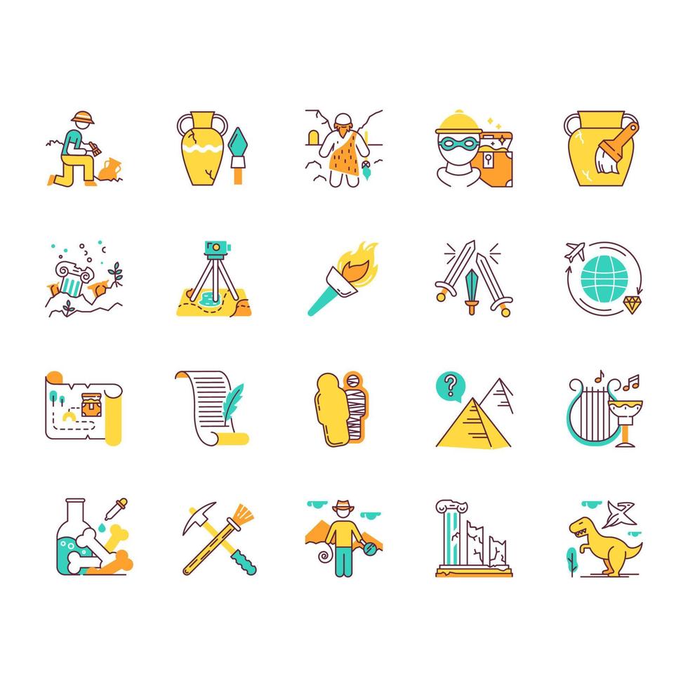 Archeology color icons set. Researcher on excavation. Ancient artifacts. Prehistoric life. Lost cities. Old culture. Field research. Vase restoration. Burning flambeau. Isolated vector illustrations