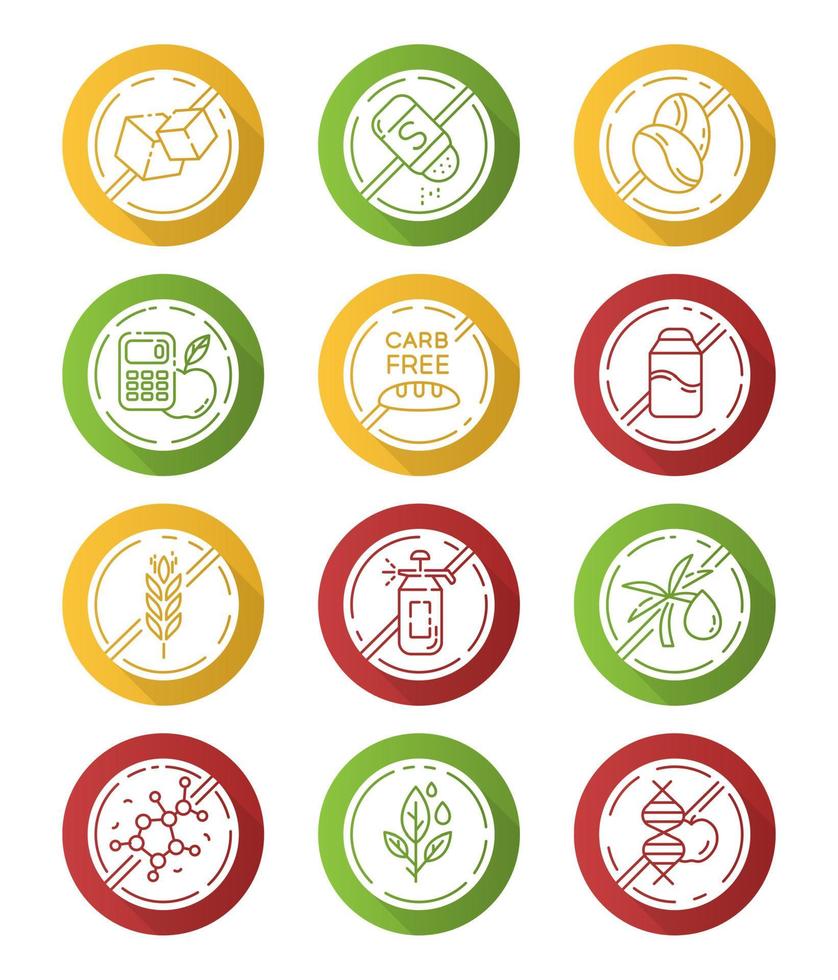 Product free ingredient flat design long shadow glyph icons set. No paraben, pesticide, lactose. Organic food, healthy eating. Dietary without allergens and sweeteners. Vector silhouette illustration