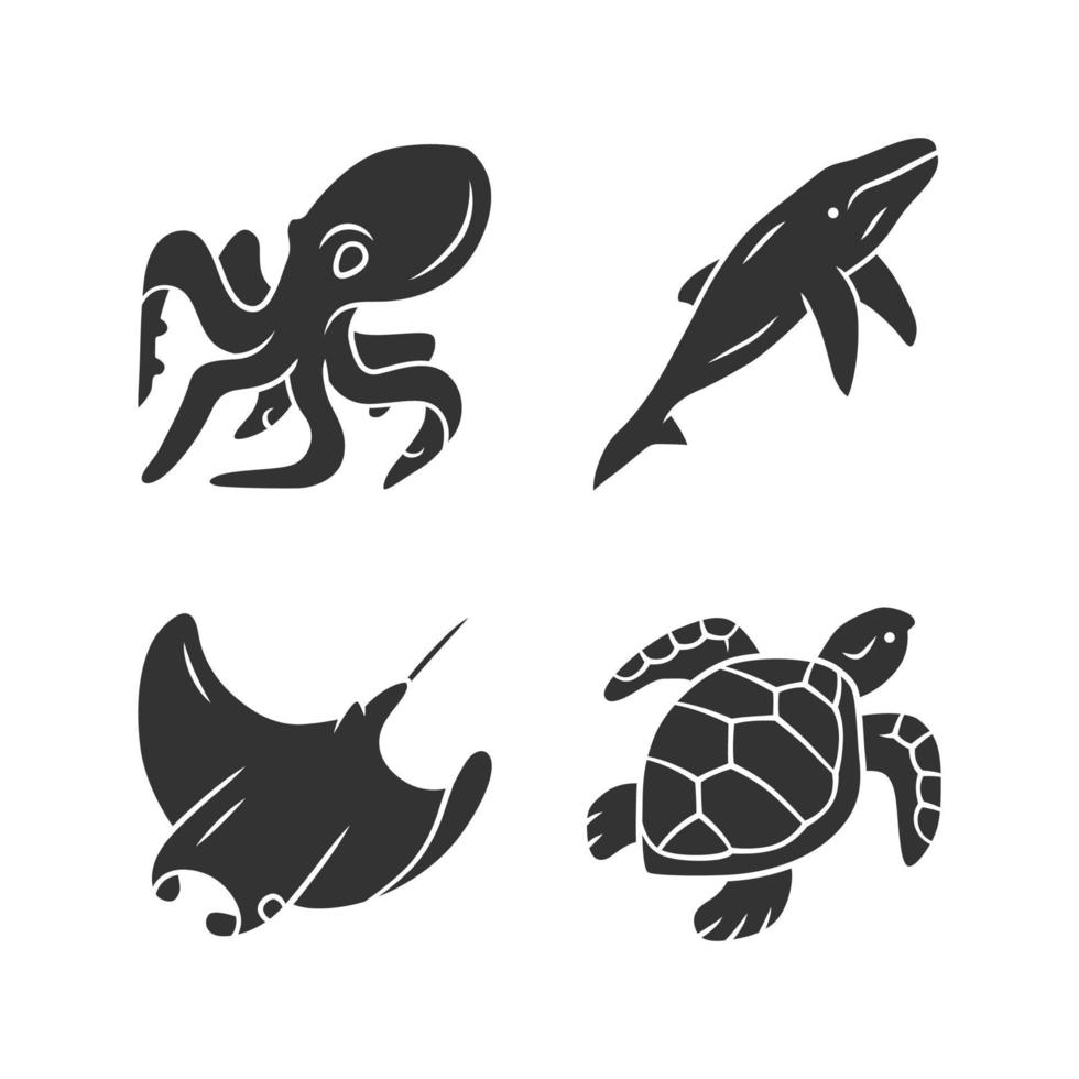 Underwater world glyph icons set. Swimming octopus, turtle, whale. Ocean animals, undersea wildlife. Zoology and marine fauna. Aquatic creatures. Silhouette symbols. Vector isolated illustration
