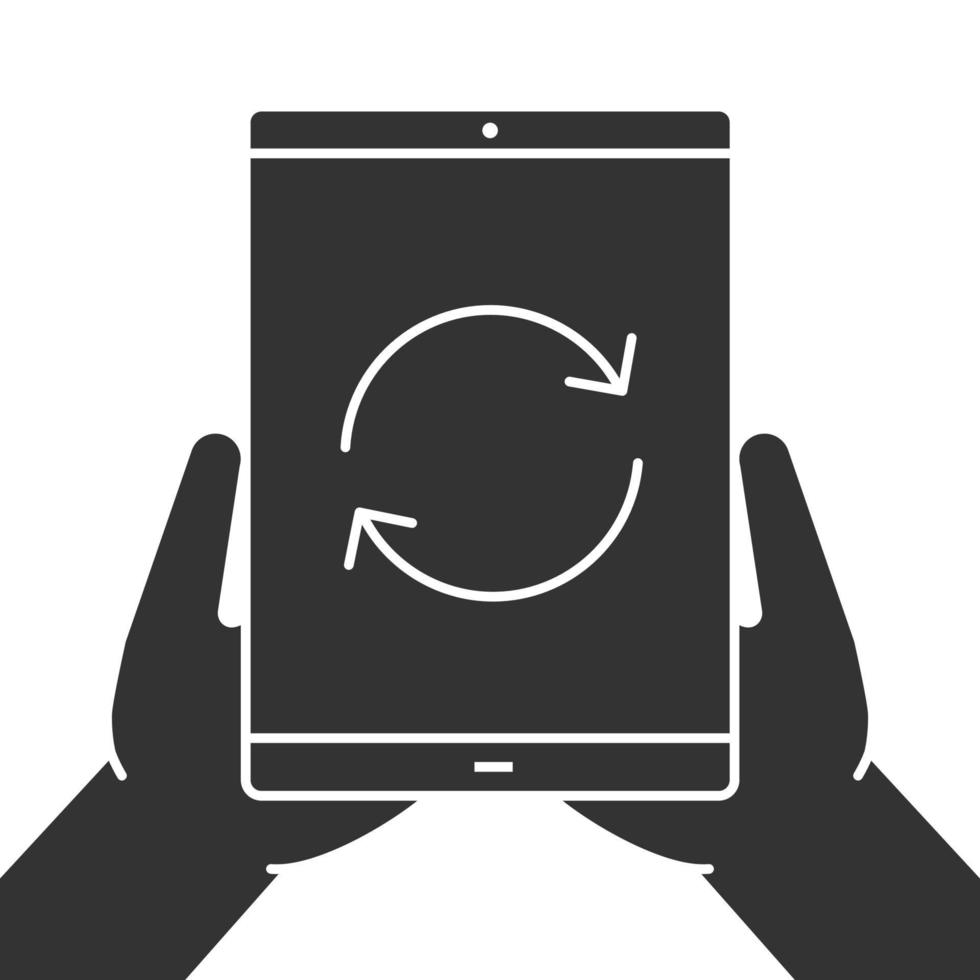 Hands holding tablet computer glyph icon. Device synchronization. Silhouette symbol. Tablet computer with cycling arrows. Negative space. Vector isolated illustration