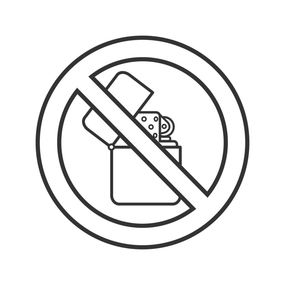 Forbidden sign with flip lighter linear icon. No smoking prohibition. Thin line illustration. Stop contour symbol. Vector isolated outline drawing.