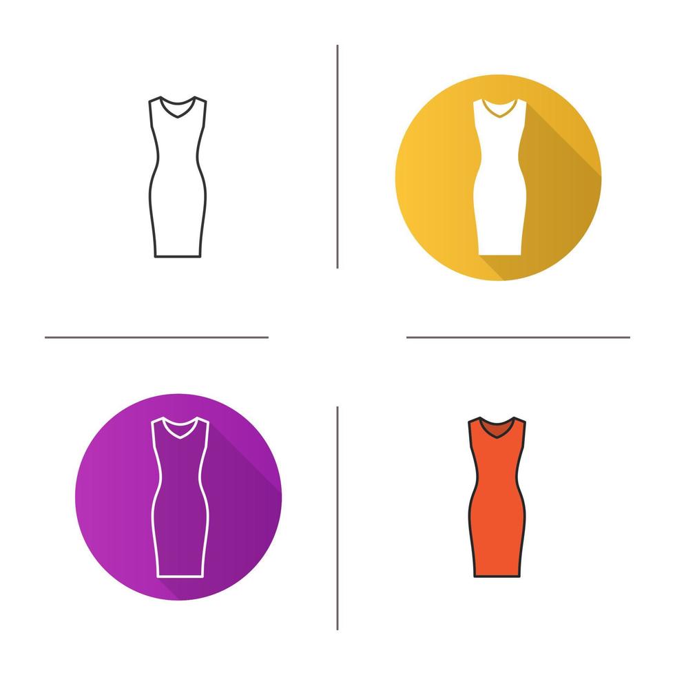 Evening dress icon. Flat design, linear and color styles. Women's sleeveless gown. Isolated vector illustrations