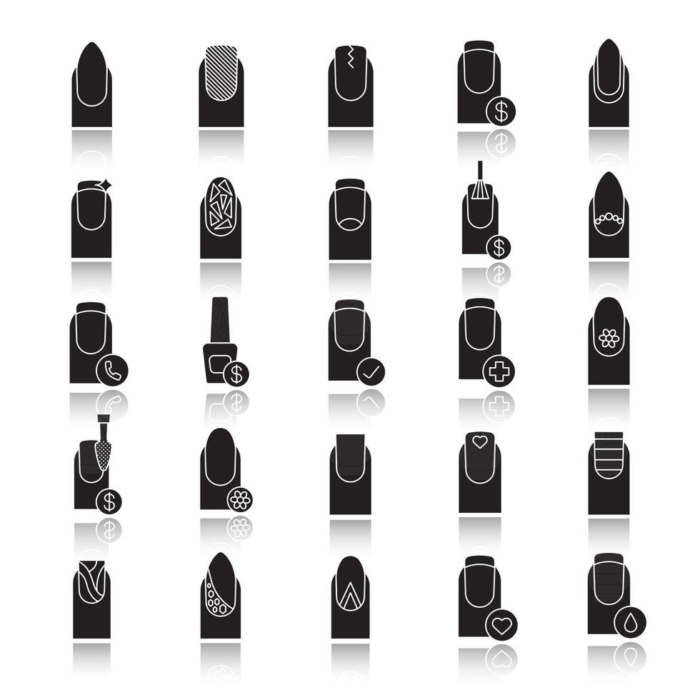conjunto de iconos de glifo negro de sombra de manicura. servicio de salón de uñas. variedad de tipos de manicura. ilustraciones vectoriales aisladas vector