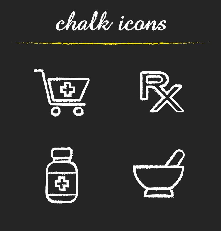 Pharmacy chalk icons set. Drugstore, Shopping cart with cross, rx sign, pills bottle, mortar and pestle. Isolated vector chalkboard illustrations