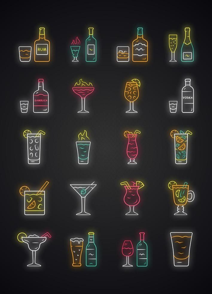 Drinks neon light icons set. Alcohol menu card. Beverages for cocktails. Whiskey, rum, wine, martini, margarita, absinthe. Refreshing and warming liquors. Glowing signs. Vector isolated illustrations