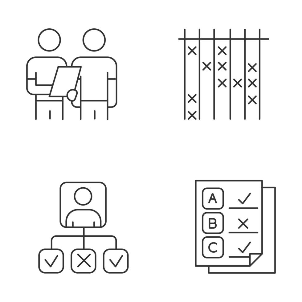 Survey linear icons set. Interview, questioning. Checklist mark. Personal profile. Written test. Select option. Thin line contour symbols. Isolated vector outline illustrations. Editable stroke